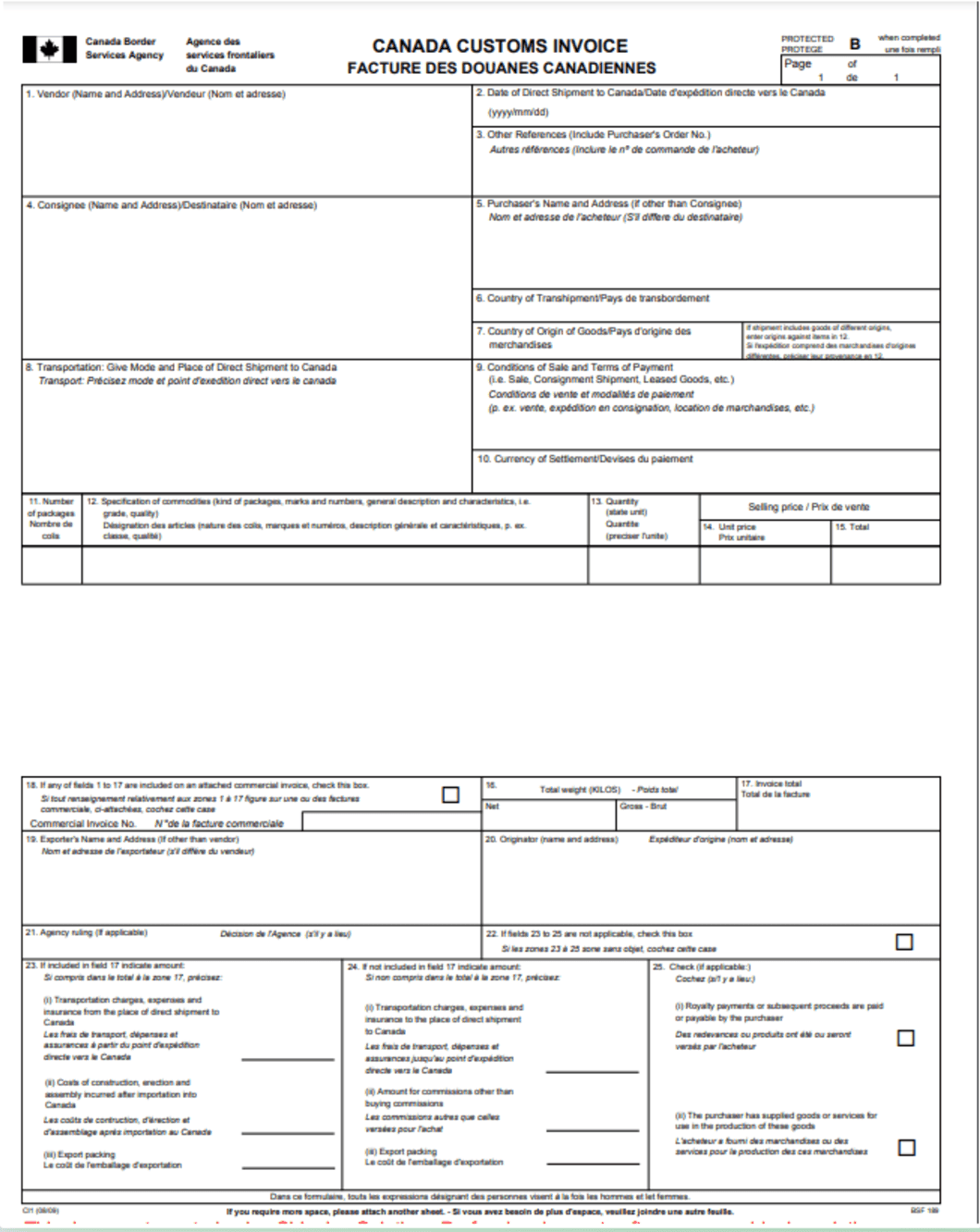 Customs export invoice